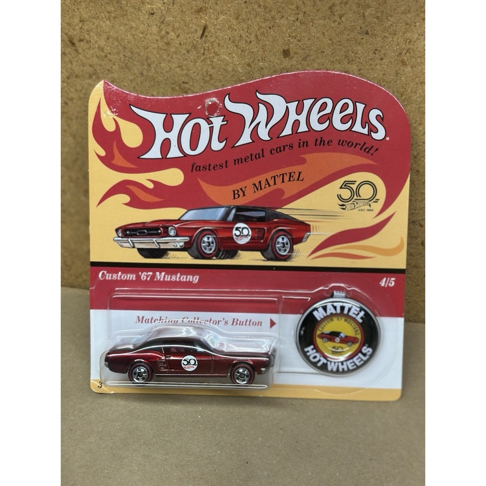 1/64 HOT WHEELS MATTEL 50TH ANNIVERSARY 1967 FORD MUSTANG RED WITH BUTTON 4/5 E3